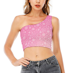 Cute Pink Breast Cancer Pattern Print One Shoulder Crop Top