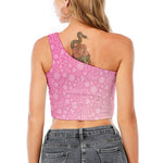 Cute Pink Breast Cancer Pattern Print One Shoulder Crop Top