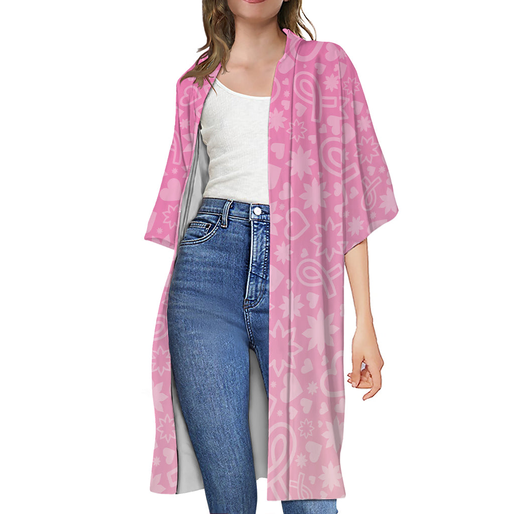 Cute Pink Breast Cancer Pattern Print Open Front Beach Cover Up