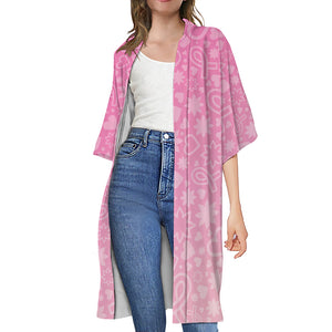 Cute Pink Breast Cancer Pattern Print Open Front Beach Cover Up