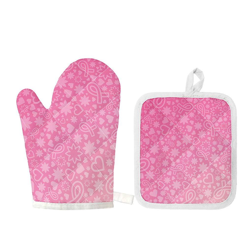 Cute Pink Breast Cancer Pattern Print Oven Mitt And Pot Holder Set