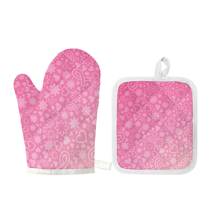 Cute Pink Breast Cancer Pattern Print Oven Mitt And Pot Holder Set