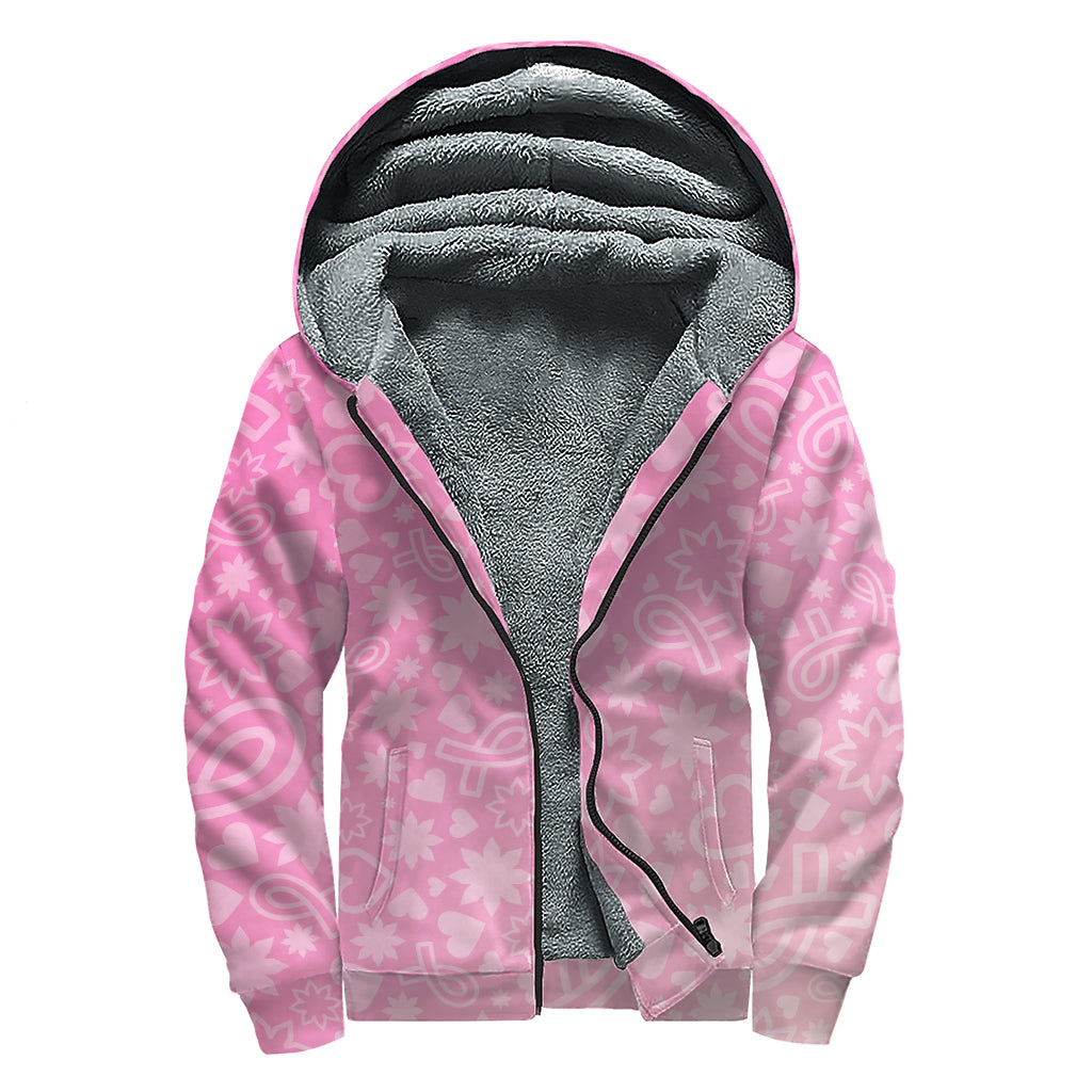 Cute Pink Breast Cancer Pattern Print Sherpa Lined Zip Up Hoodie