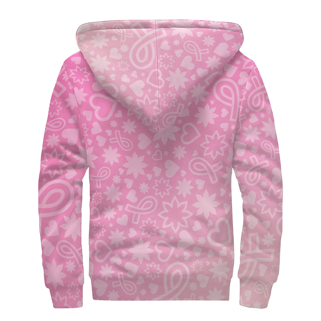 Cute Pink Breast Cancer Pattern Print Sherpa Lined Zip Up Hoodie