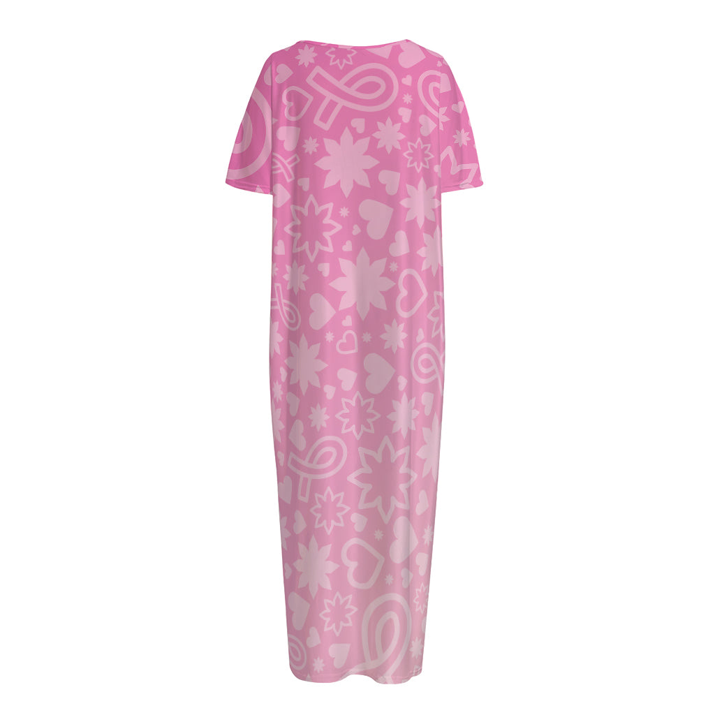 Cute Pink Breast Cancer Pattern Print Short Sleeve Long Nightdress