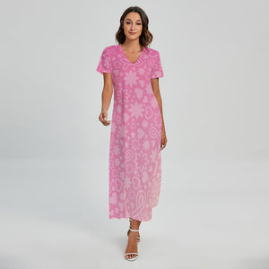 Cute Pink Breast Cancer Pattern Print Short Sleeve Maxi Dress