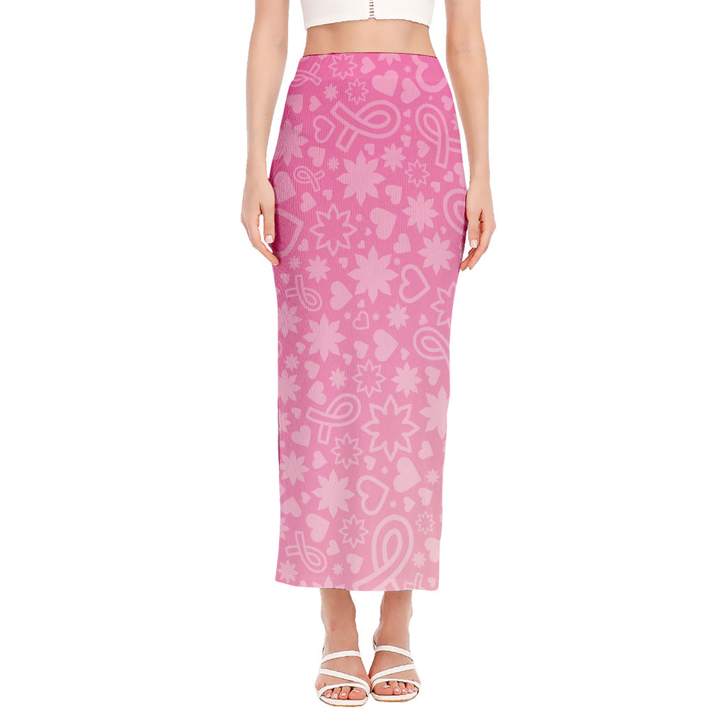 Cute Pink Breast Cancer Pattern Print Side Slit Maxi Skirt