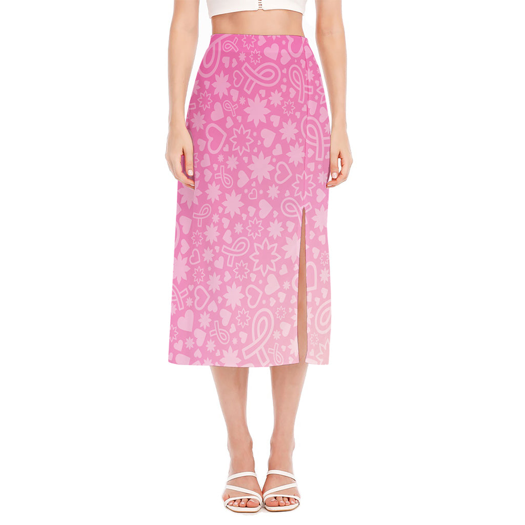 Cute Pink Breast Cancer Pattern Print Side Slit Midi Skirt