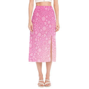 Cute Pink Breast Cancer Pattern Print Side Slit Midi Skirt