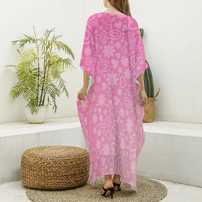 Cute Pink Breast Cancer Pattern Print Silk V-Neck Kaftan Dress