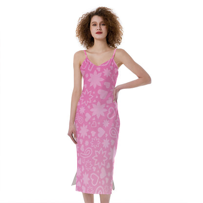 Cute Pink Breast Cancer Pattern Print Slim Fit Midi Cami Dress