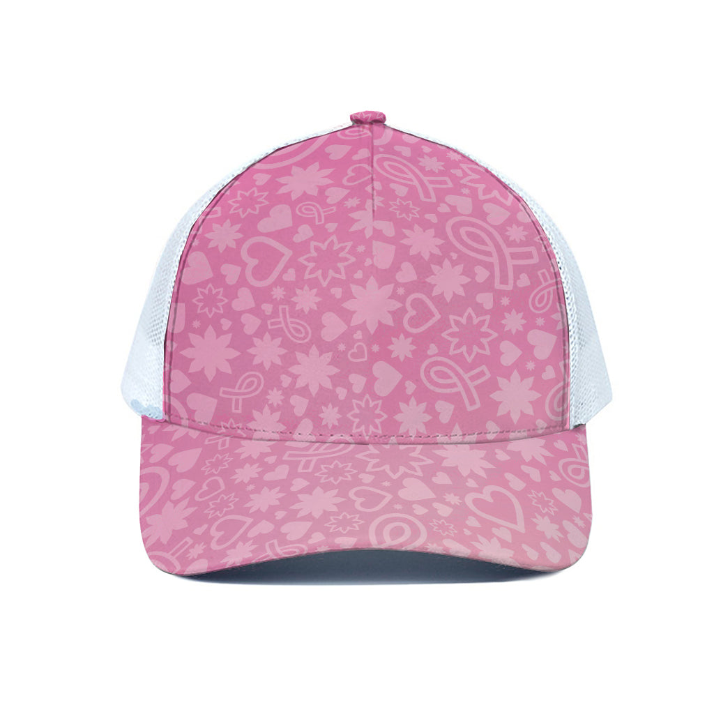 Cute Pink Breast Cancer Pattern Print White Mesh Trucker Cap