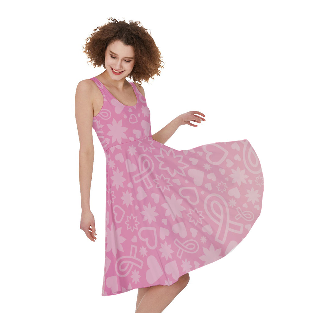 Cute Pink Breast Cancer Pattern Print Women's Sleeveless Dress