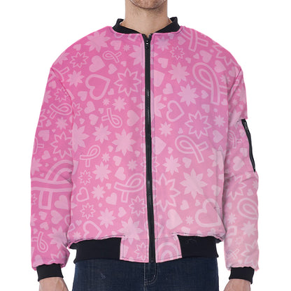 Cute Pink Breast Cancer Pattern Print Zip Sleeve Bomber Jacket