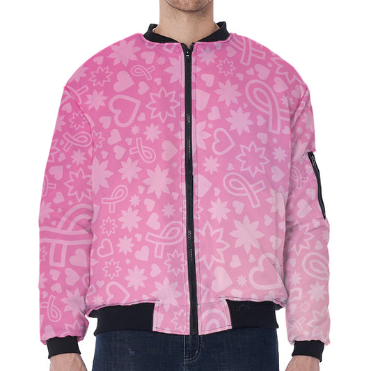 Cute Pink Breast Cancer Pattern Print Zip Sleeve Bomber Jacket