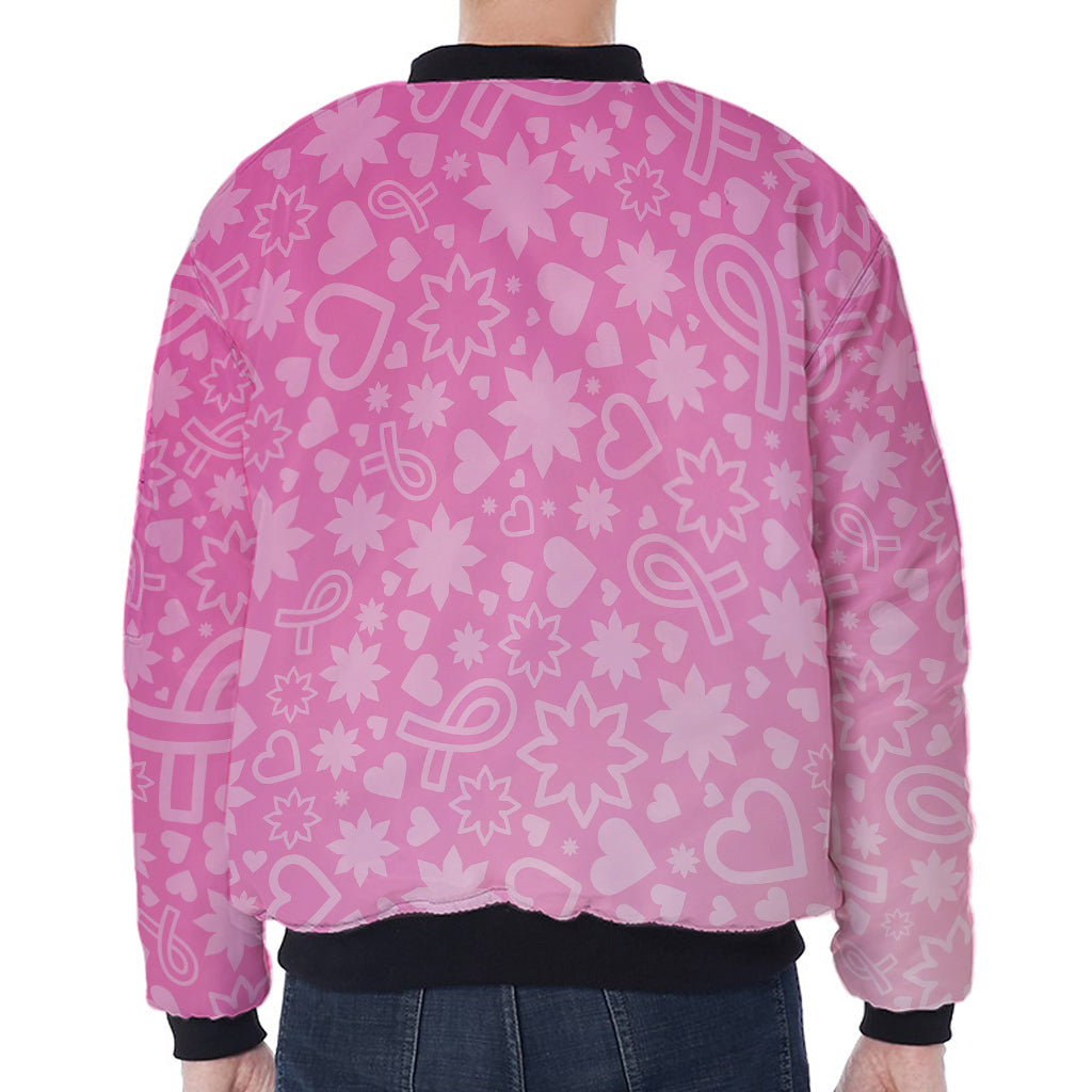 Cute Pink Breast Cancer Pattern Print Zip Sleeve Bomber Jacket