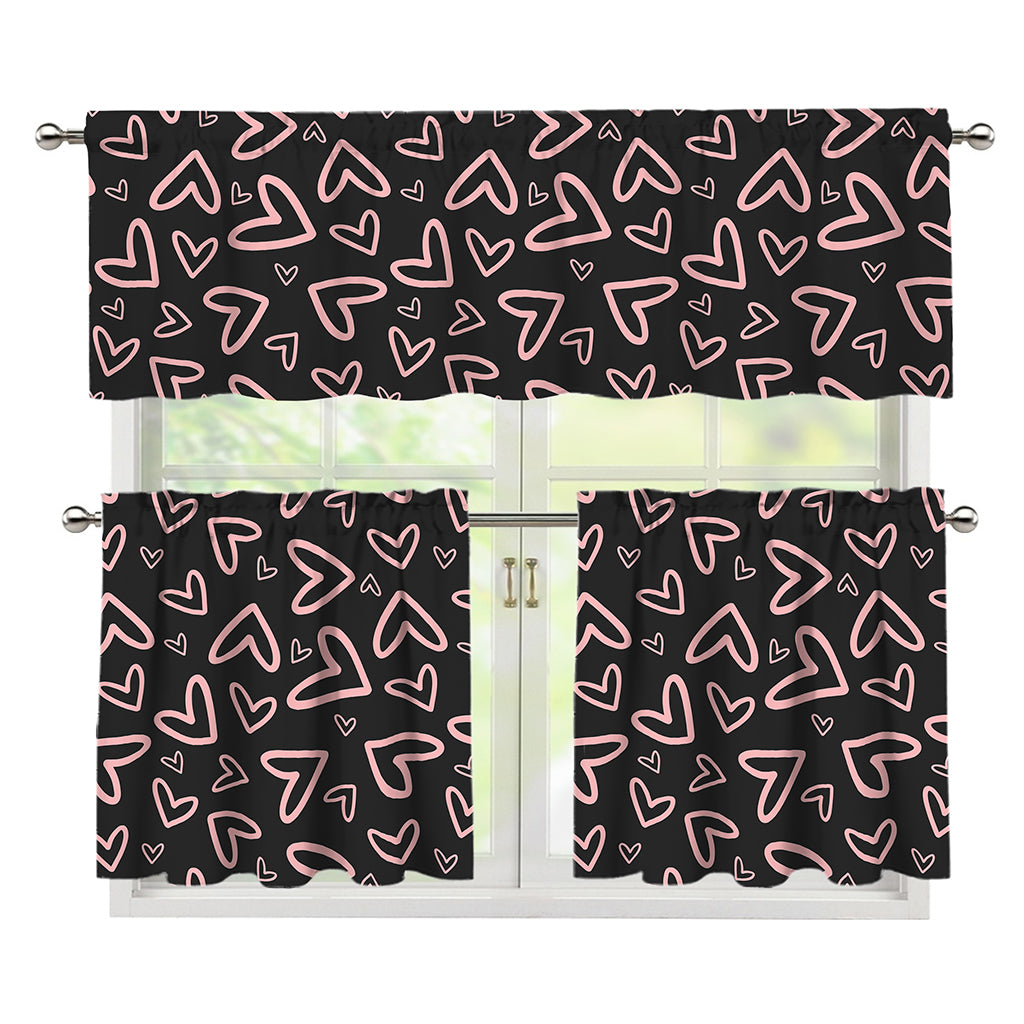 Cute Pink Heart Pattern Print 3 Piece Kitchen Curtains
