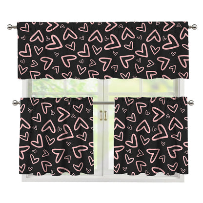 Cute Pink Heart Pattern Print 3 Piece Kitchen Curtains