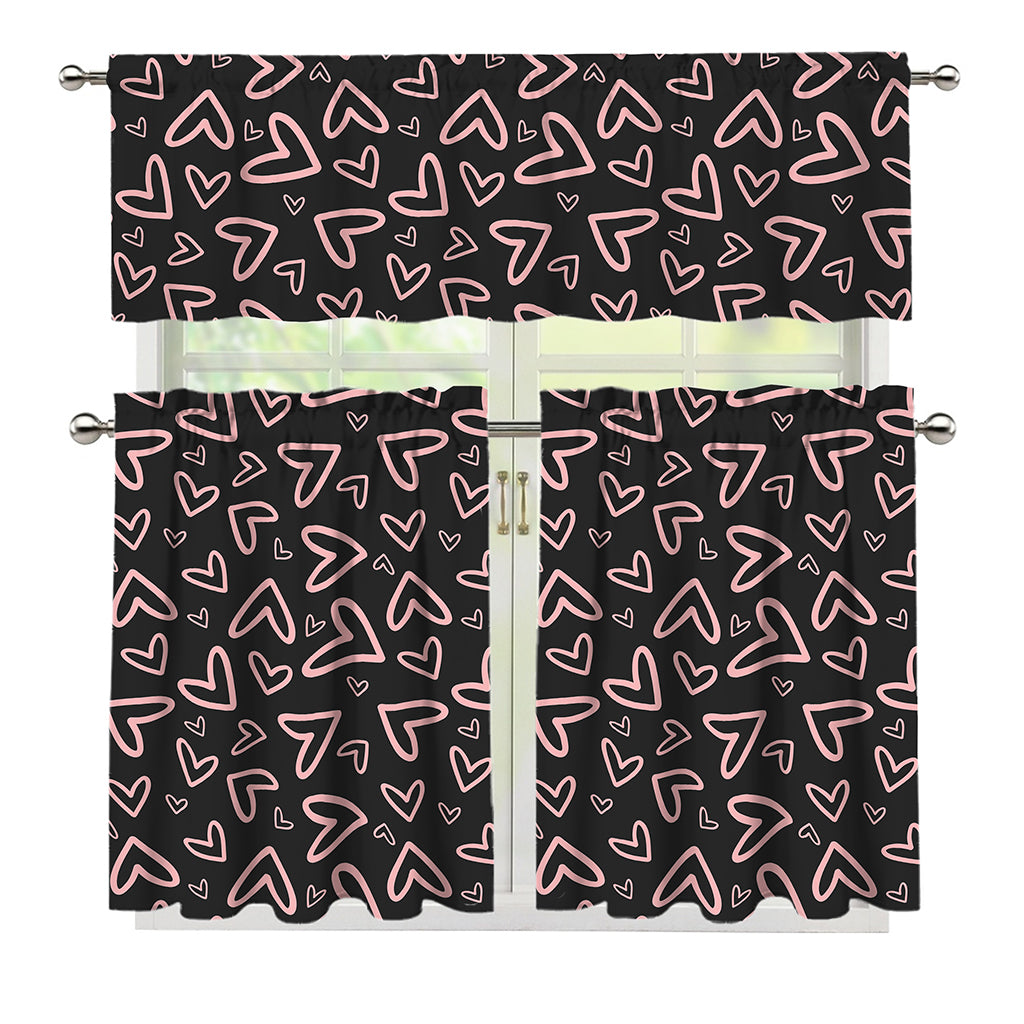Cute Pink Heart Pattern Print 3 Piece Kitchen Curtains