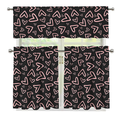 Cute Pink Heart Pattern Print 3 Piece Kitchen Curtains