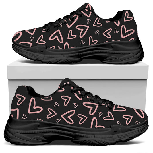 Cute Pink Heart Pattern Print Black Chunky Shoes