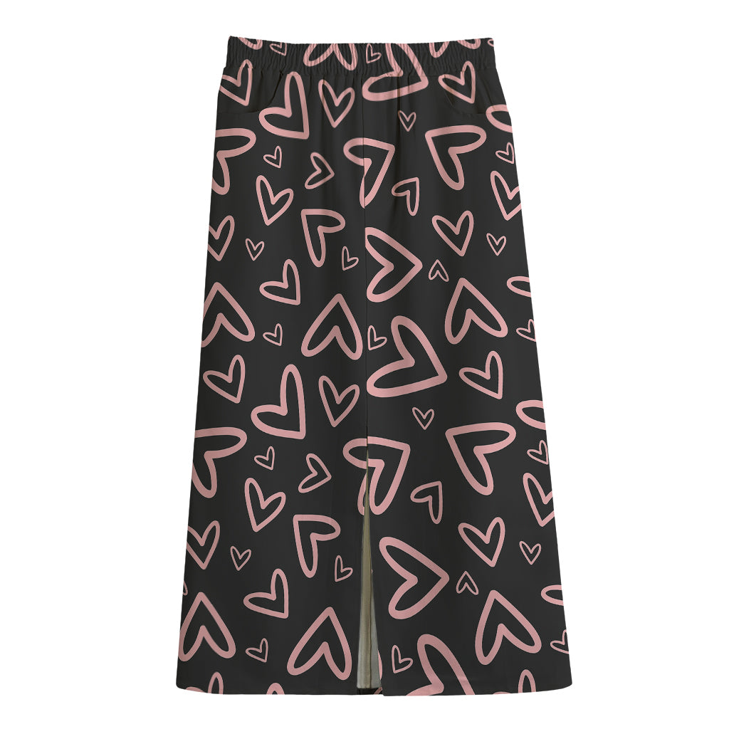 Cute Pink Heart Pattern Print Cotton Front Slit Maxi Skirt