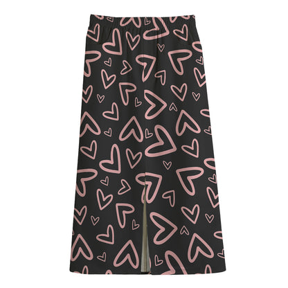 Cute Pink Heart Pattern Print Cotton Front Slit Maxi Skirt
