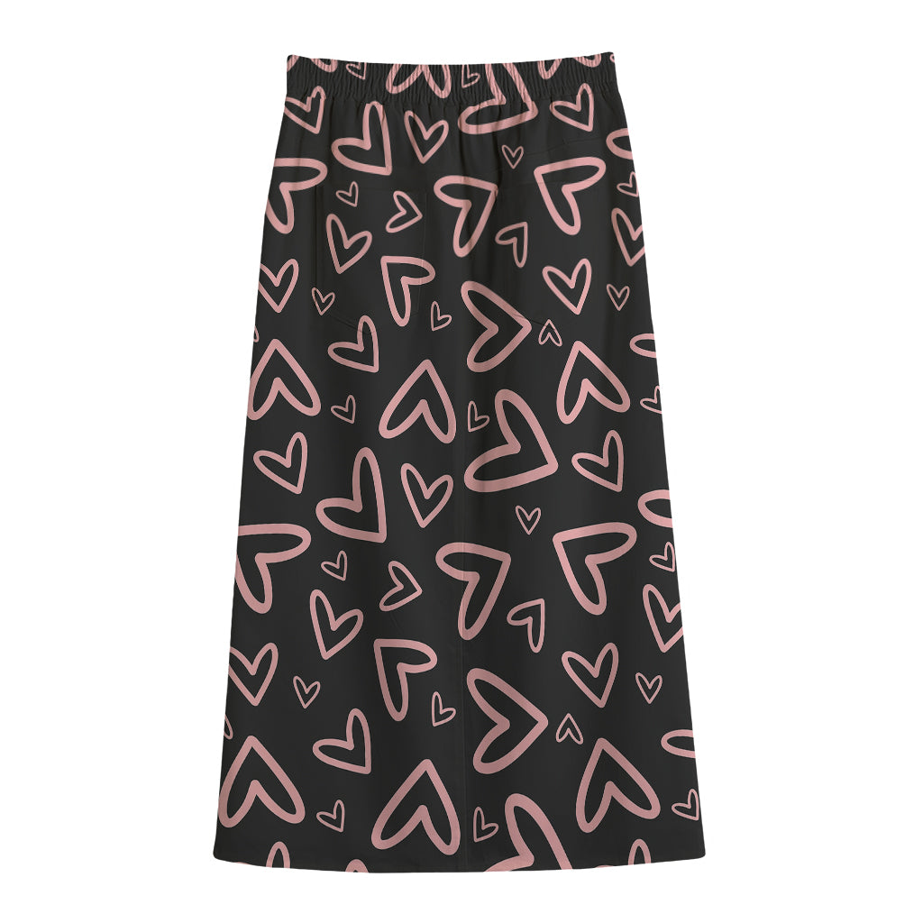 Cute Pink Heart Pattern Print Cotton Front Slit Maxi Skirt