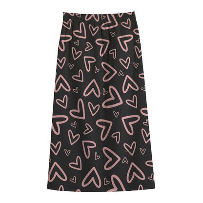 Cute Pink Heart Pattern Print Cotton Front Slit Maxi Skirt