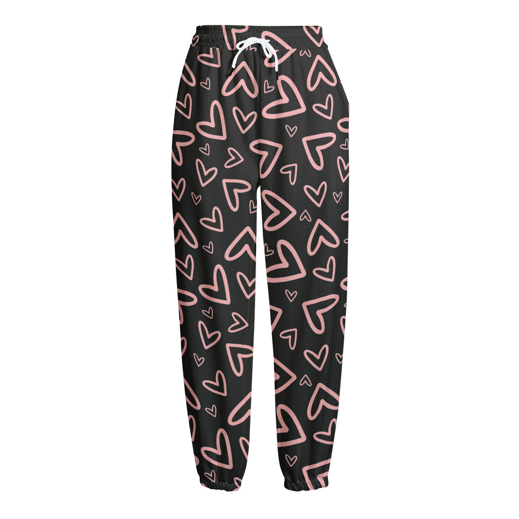 Cute Pink Heart Pattern Print Fleece Lined Knit Pants