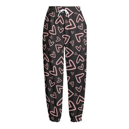 Cute Pink Heart Pattern Print Fleece Lined Knit Pants