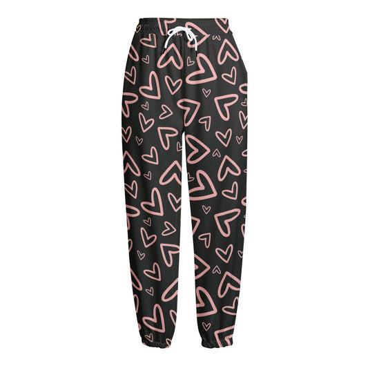 Cute Pink Heart Pattern Print Fleece Lined Knit Pants
