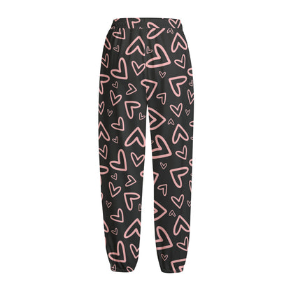 Cute Pink Heart Pattern Print Fleece Lined Knit Pants