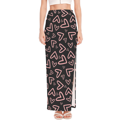 Cute Pink Heart Pattern Print High Slit Maxi Skirt