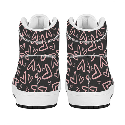 Cute Pink Heart Pattern Print High Top Leather Sneakers