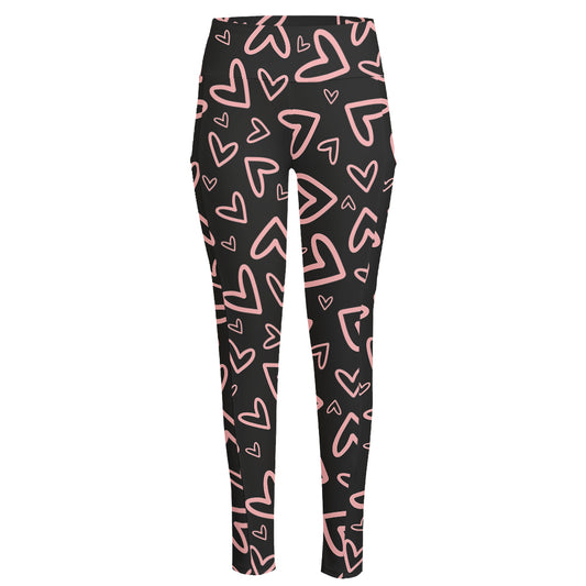 Cute Pink Heart Pattern Print High-Waisted Pocket Leggings