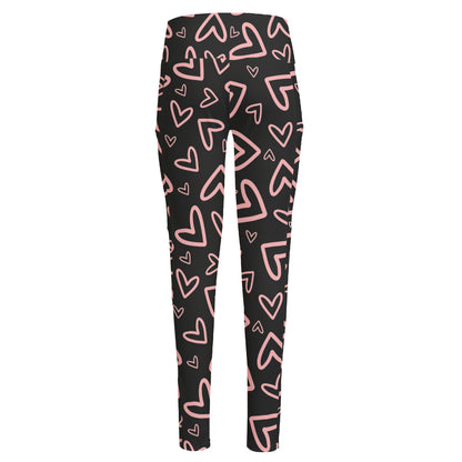 Cute Pink Heart Pattern Print High-Waisted Pocket Leggings