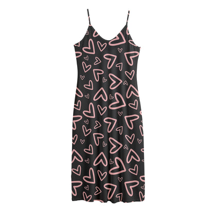 Cute Pink Heart Pattern Print Jersey Midi Cami Dress