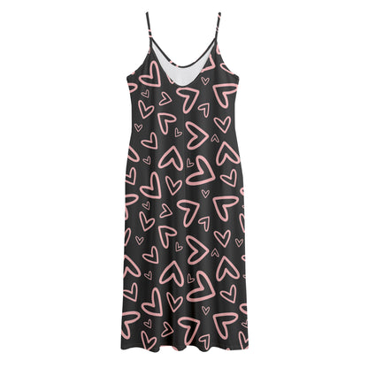 Cute Pink Heart Pattern Print Jersey Midi Cami Dress
