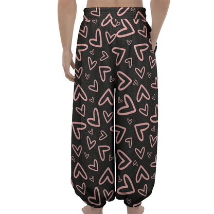 Cute Pink Heart Pattern Print Lantern Pants