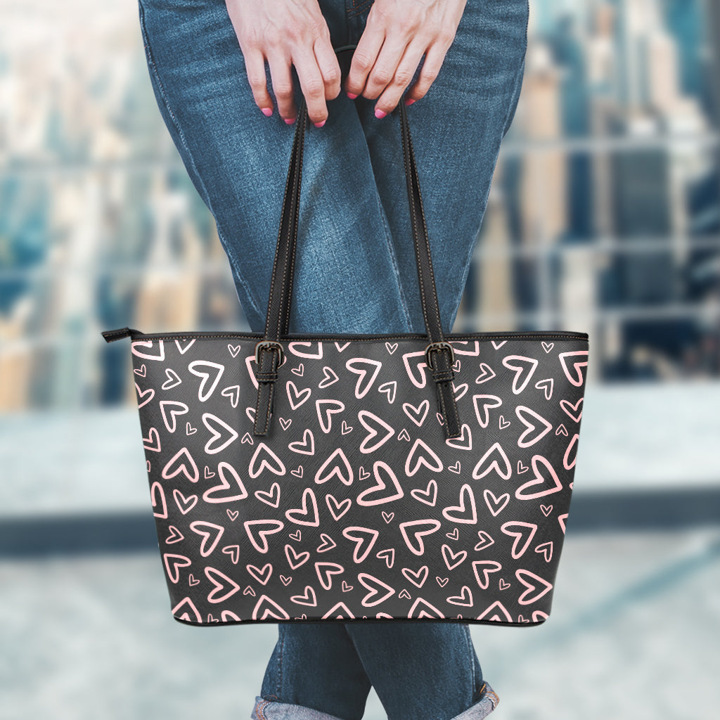 Cute Pink Heart Pattern Print Leather Tote Bag