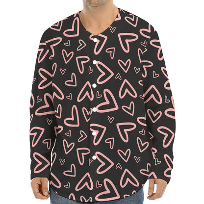 Cute Pink Heart Pattern Print Long Sleeve Baseball Jersey
