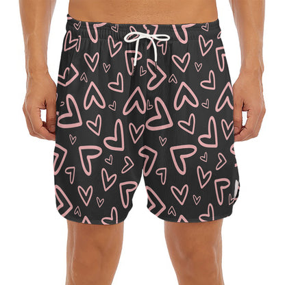 Cute Pink Heart Pattern Print Men's Split Running Shorts