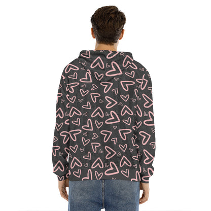 Cute Pink Heart Pattern Print Men's Velvet Pullover Hoodie