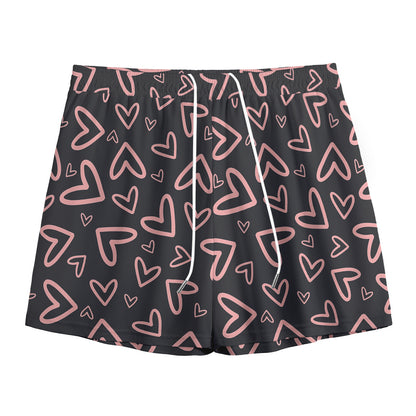 Cute Pink Heart Pattern Print Mesh Shorts