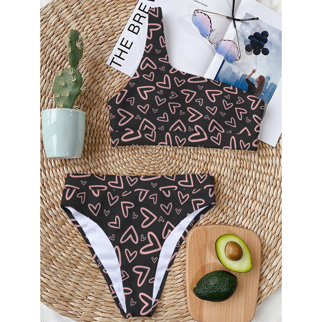 Cute Pink Heart Pattern Print One Shoulder Bikini Top
