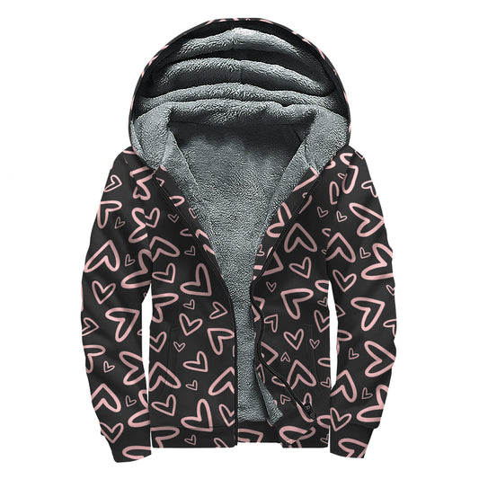 Cute Pink Heart Pattern Print Sherpa Lined Zip Up Hoodie