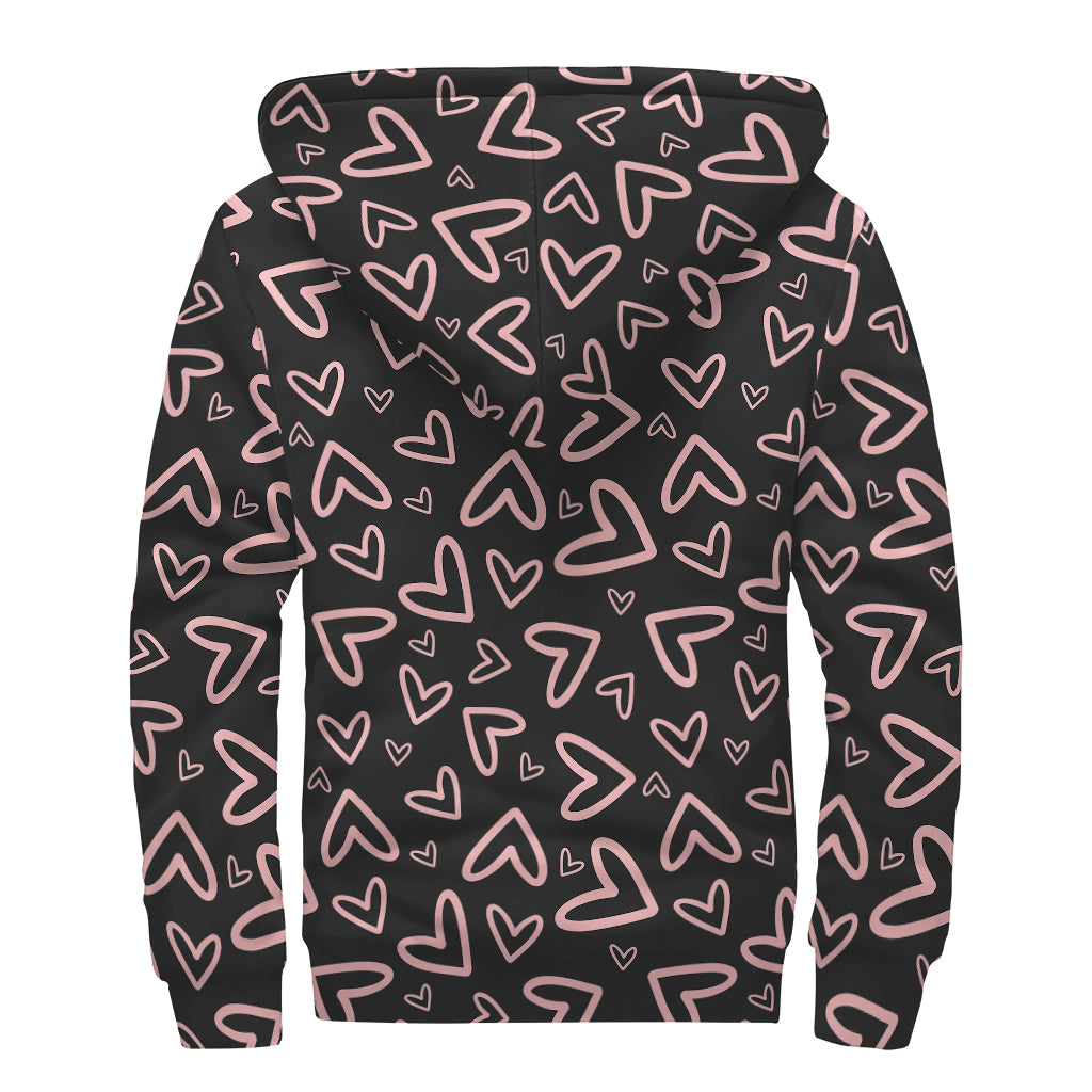 Cute Pink Heart Pattern Print Sherpa Lined Zip Up Hoodie