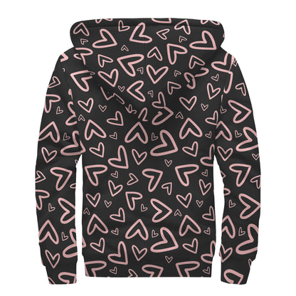 Cute Pink Heart Pattern Print Sherpa Lined Zip Up Hoodie