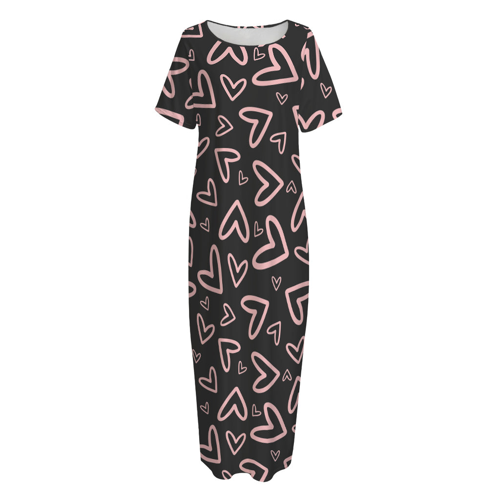 Cute Pink Heart Pattern Print Short Sleeve Long Nightdress